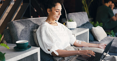 Buy stock photo Woman, relax and laptop in clinic, iv drip and happy for recovery with fluid, writer and remote work. Healthcare, nutrition and person with tech for freelance article, typing and immune system boost