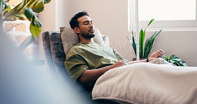 Buy stock photo Infusion, relax and wellness with man in drip lounge for benefits of antioxidants, minerals or vitamins. Fluid, IV hydration and recovery with person in chair for healthcare or medical treatment