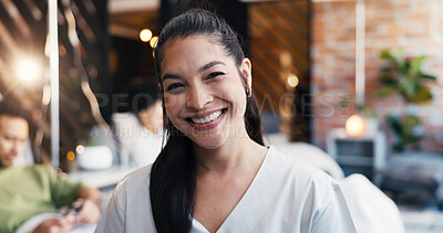 Buy stock photo Portrait, woman and infusion nurse with smile in drip therapy lounge, healthcare and about us. Happy, medical worker and person with confidence, IV technician and wellness professional with flare