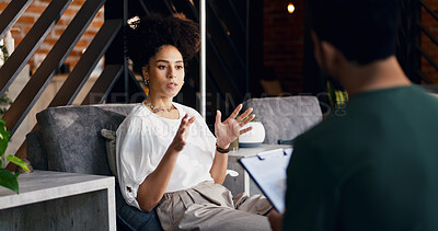 Buy stock photo Appointment, clipboard or explain with consultant and woman in clinic for healthcare assessment. Checkup, conversation or personal details with patient speaking to therapist for medical consulting