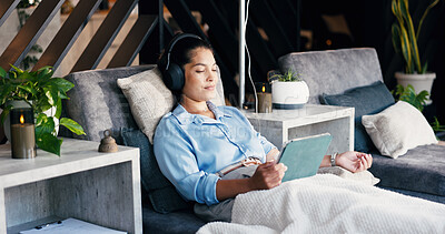 Buy stock photo Headphones, woman and tablet with IV drip in lounge for immune health, electrolytes or streaming. Relax, patient or tech with Intravenous fluid for wellness benefits, mineral infusion or social media