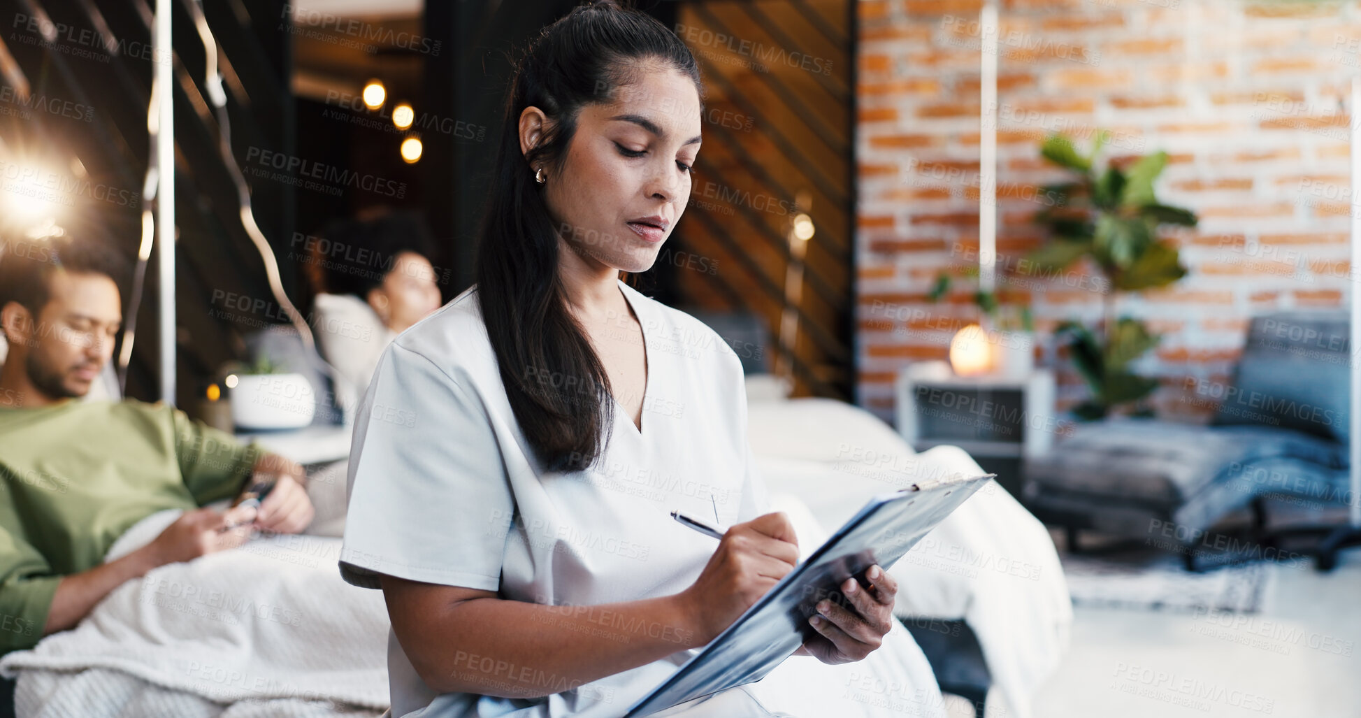 Buy stock photo Clipboard, healthcare and infusion with woman in drip lounge for management of patient schedule. Document, personal details and writing with nurse in clinic for iv treatment or medical recovery