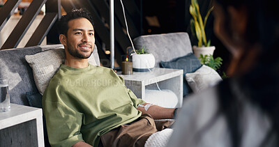 Buy stock photo Doctor, man and wellness in clinic with iv drip, natural medicine or discussion for hydration benefits. Healthcare worker, people and talking with intravenous fluid, homeopathic drugs or supplements.