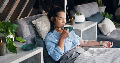 Buy stock photo Woman, relax and tea with IV drip for vitamins, nutrition or immune booster on bed in clinic. Female person, patient or drinking with herbal beverage or blood infusion for antioxidant or wellness