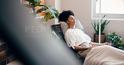 Buy stock photo Infusion, relax and wellness with woman in drip lounge for benefits of antioxidants, minerals or vitamins. Fluid, IV hydration and recovery with patient in chair for healthcare or medical treatment