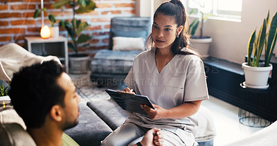 Buy stock photo Clipboard, consulting and nurse with client in iv bar for glutathione, vitamin checklist and treatment plan. Patient advice, supplement formulation and health with people and tech in spa for medical