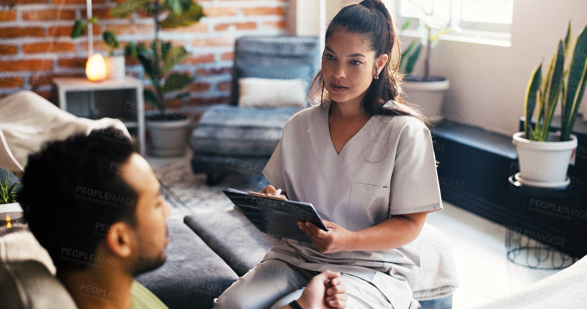 Buy stock photo Clipboard, consulting and nurse with client in iv bar for glutathione, vitamin checklist and treatment plan. Patient advice, supplement formulation and health with people and tech in spa for medical