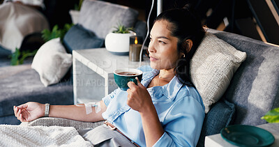 Buy stock photo Woman, relax and tea with IV drip for nutrition, immune booster or vitamins on bed in clinic. Female person, patient or drinking with herbal beverage or blood infusion for antioxidant or wellness