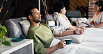 Iv bar, supplements and tea with man in spa for vitamin treatment, wellness bar or healthcare. Infusion club, herbal drink and hydration drip with person in clinic for medical, recovery and injection
