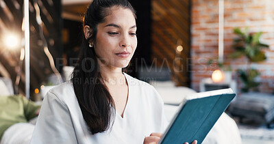 Buy stock photo Tablet, healthcare and woman in clinic, nurse and report for treatment, internet and wellness. Person, medical service and caregiver in hospital, network and email notification for online schedule