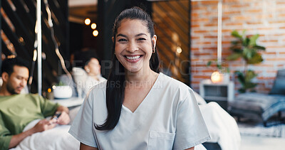 Buy stock photo Portrait, woman and happy infusion nurse in drip therapy lounge for healthcare, pride or about us. Smile, medical worker or person with confidence, IV technician or healing with wellness professional