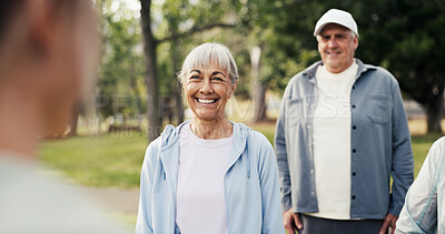 Buy stock photo Fitness class, smile and senior woman outdoor together with personal trainer for group training. Active, exercise or workout with coach and old people in park for demonstration, health or support