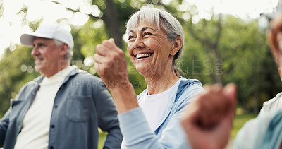 Buy stock photo Cardio, fitness class and smile of old woman in garden for health or wellness as group. Exercise, training and workout with happy senior people outdoor for challenge, dedication or performance