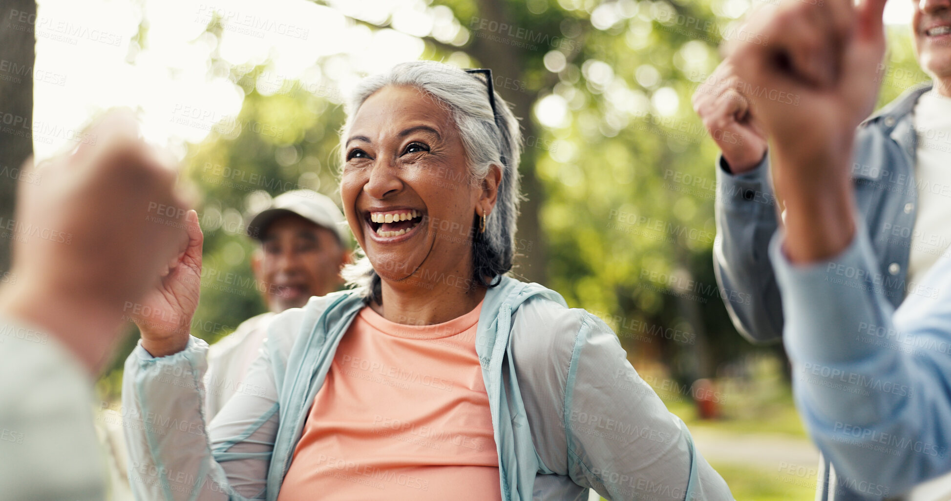 Buy stock photo Cardio, exercise group and funny with old woman in garden for health or wellness with friends. Fitness class, laughing and training with happy senior people outdoor for challenge or performance