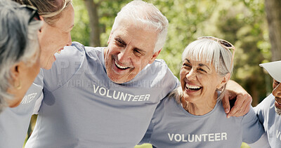 Buy stock photo Senior people, volunteer and huddle at park for community service, non profit and laugh together. Charity group, elderly team and hug for collaboration, social responsibility and funny joke outdoor