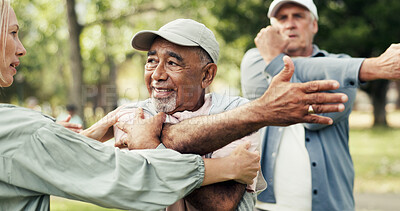 Buy stock photo Stretching, instructor and class with old man in park for learning, mobility exercise and health club. Muscle warm up, help and retirement with senior people for low impact workout and fitness
