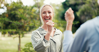 Buy stock photo Cardio, fitness class and smile of personal trainer woman in garden for health or wellness. Exercise, training and workout with coach outdoor for demonstration or support as happy instructor