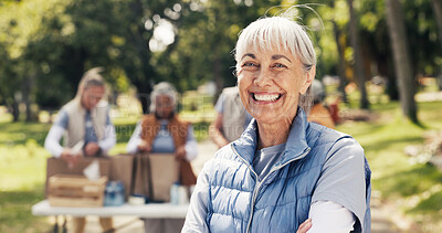 Buy stock photo Portrait, volunteer and happy woman in park, food donations and NGO mission. Smile, activist and mature person with confidence, outdoor and charity for welfare support, help and social responsibility
