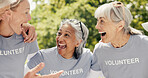 Senior people, volunteer and laugh at park for community service, non profit success and goal. Charity group, elderly team and huddle for celebration, NGO target and excited with funny joke outdoor