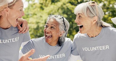 Buy stock photo Senior people, volunteer and laugh at park for community service, non profit success and goal. Charity group, elderly team and huddle for celebration, NGO target and excited with funny joke outdoor