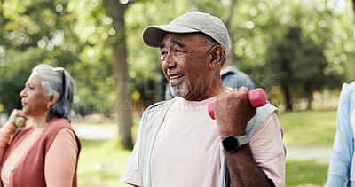 Buy stock photo Man, weights and old people in park with exercise, class and nature for senior fitness club. Retirement, hobby and dumbbells with mature group, outdoor or workout together for health and wellness