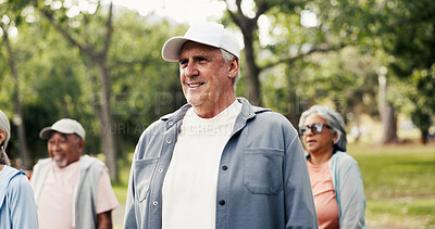 Buy stock photo Fitness, mobility and retirement with old man outdoor for activity, health or wellness routine. Exercise, morning and step class with group of senior people in park together for commitment to workout