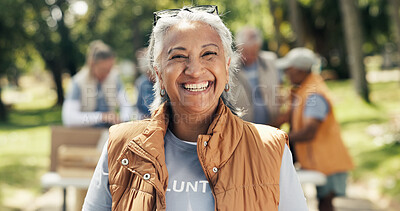 Buy stock photo Portrait, volunteer and woman in park, food donations and charity for community outreach. Happy, activist and mature person with NGO project, outdoor and social responsibility for welfare support