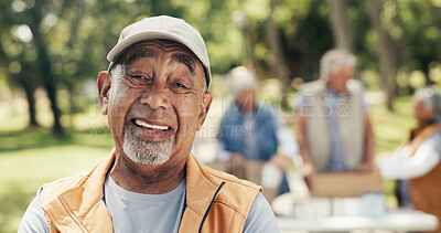 Buy stock photo Community service, portrait and smile of old man in park for donation or food drive initiative. Activism, charity and outreach with happy senior person outdoor as ngo or non profit volunteer