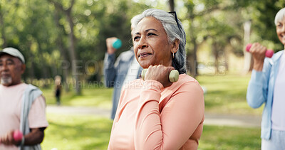 Buy stock photo Dumbbell, fitness and class with old woman in park for learning, weightlifting exercise and health club. Muscle growth, retirement and weights with senior people for low impact workout and instructor