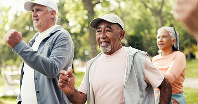 Buy stock photo Cardio, exercise class and smile of old man in garden for health or wellness as group. Fitness, training and workout with happy senior people outdoor for challenge, dedication or performance