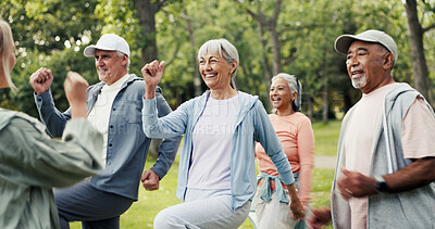 Buy stock photo Exercise class, smile and senior woman outdoor together with personal trainer for group training. Active, fitness or workout with coach and old people in park for demonstration, health or support