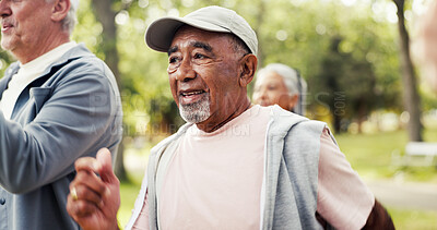 Buy stock photo Fitness, morning and step class with old man outdoor for activity, health or wellness routine. Exercise, mobility and retirement with group of senior people in park together for commitment to workout