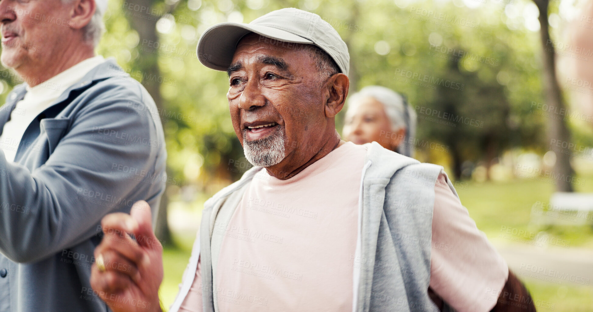 Buy stock photo Fitness, morning and step class with old man outdoor for activity, health or wellness routine. Exercise, mobility and retirement with group of senior people in park together for commitment to workout