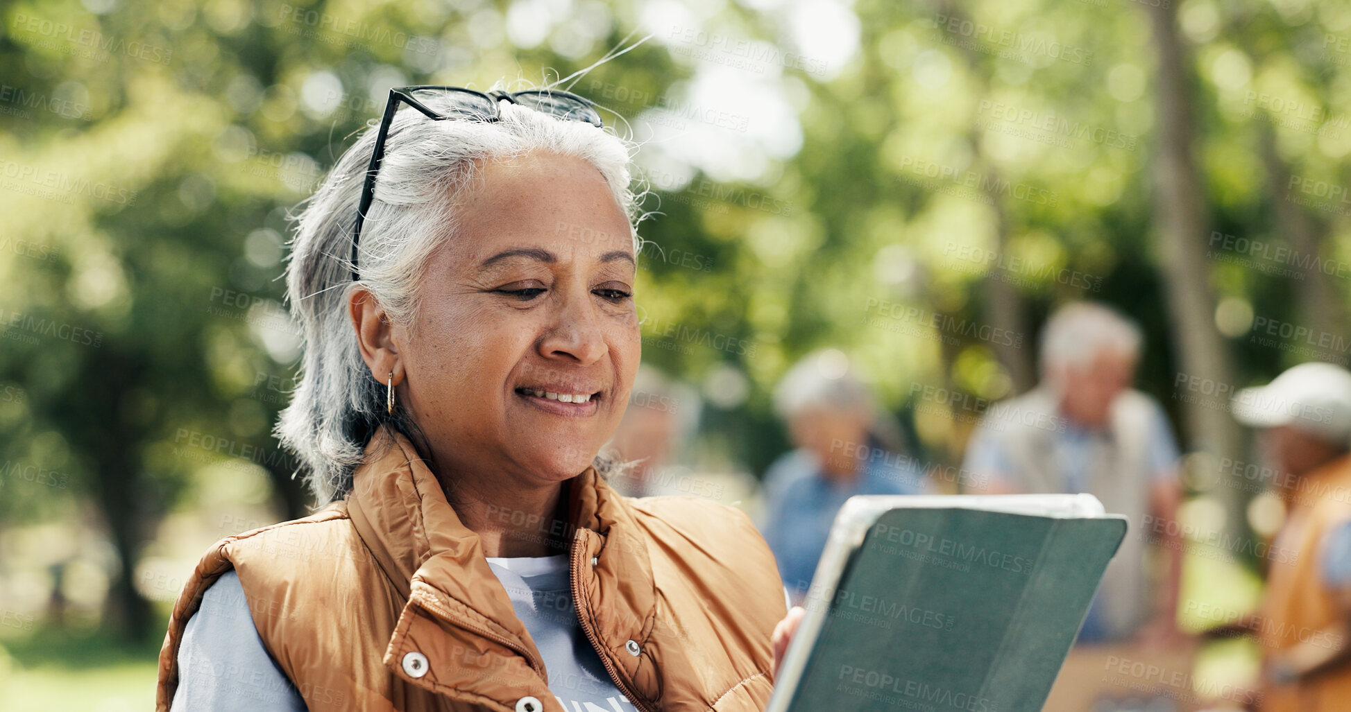 Buy stock photo Mature woman, volunteer and tablet at park for charity, online checklist and community service. Bokeh, female person and digital for donation inventory, humanitarian outreach and schedule for event