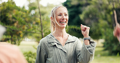 Buy stock photo Fitness, class and instructor in park with smile, training session and guide in group performance. Happiness, coach or woman in nature with program, motivation and teaching in wellness club.