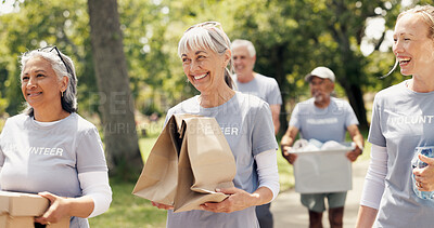 Buy stock photo Volunteer, walk or old people in park with packaging, conversation or collaboration in food drive campaign. Laugh, social or elderly group with stroll, discussion or distribution in donation project.