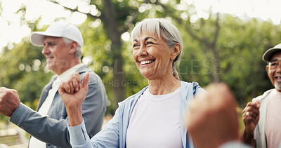 Buy stock photo Fitness, retirement and step class with old woman outdoor for activity, health or wellness routine. Exercise, mobility and morning with group of happy senior people in park together for workout