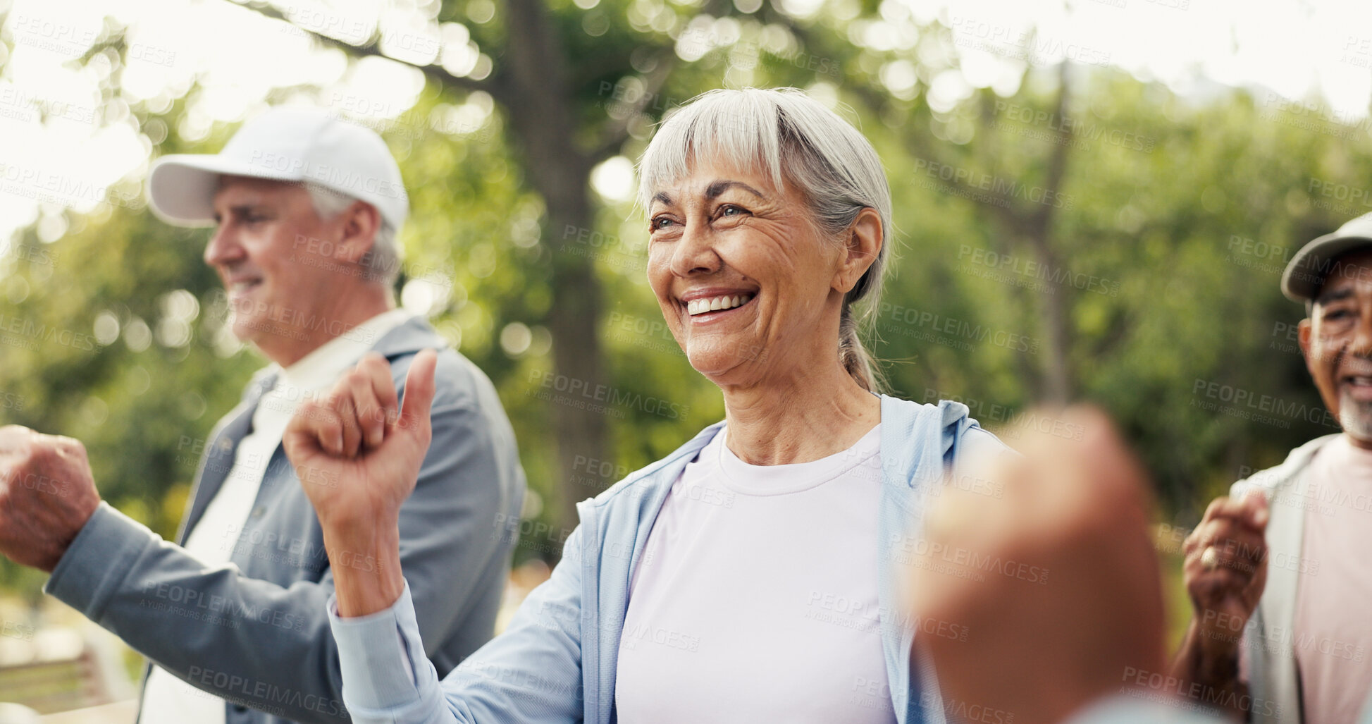 Buy stock photo Fitness, retirement and step class with old woman outdoor for activity, health or wellness routine. Exercise, mobility and morning with group of happy senior people in park together for workout