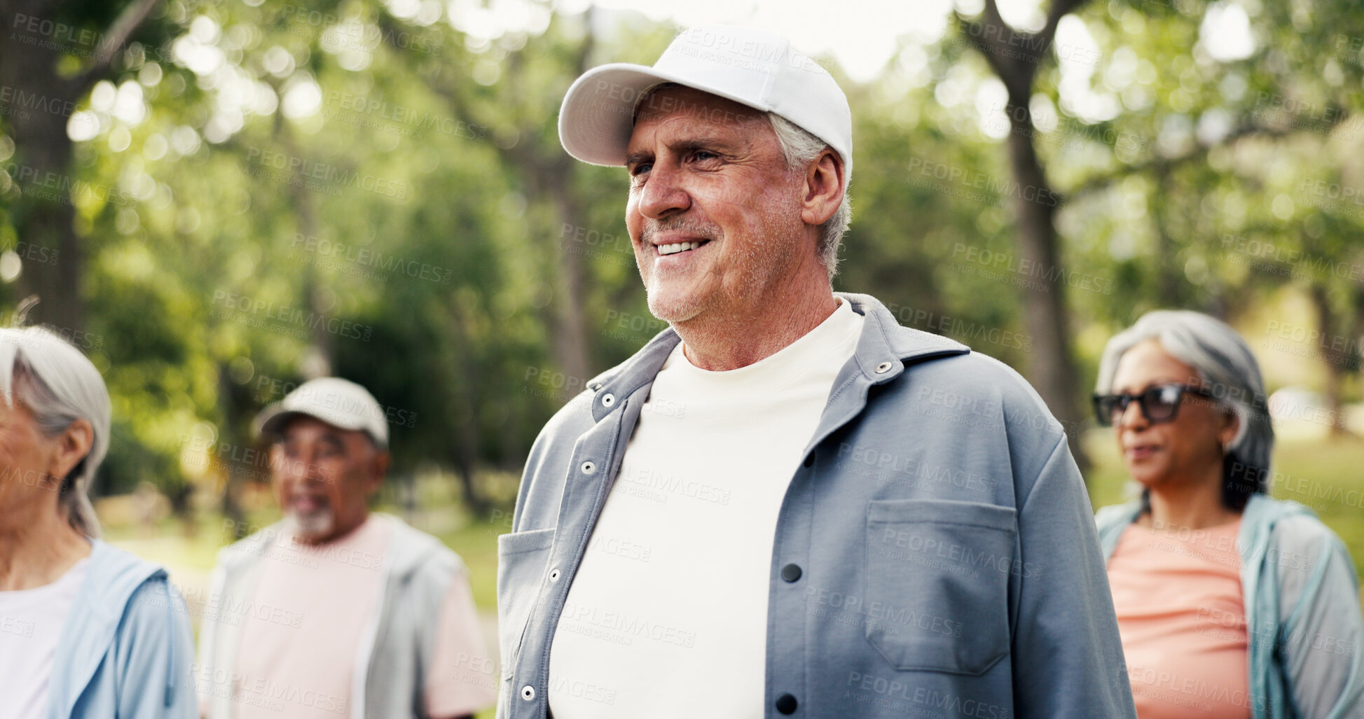 Buy stock photo Exercise, retirement and smile with old man outdoor for activity, health or wellness routine. Fitness, mobility and morning with group of happy senior people in park for commitment to workout