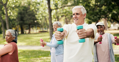 Buy stock photo Man, dumbbells and old people in park with exercise, class and nature for senior fitness club. Retirement, hobby and weights with elderly group, outdoor or workout together for health and wellness