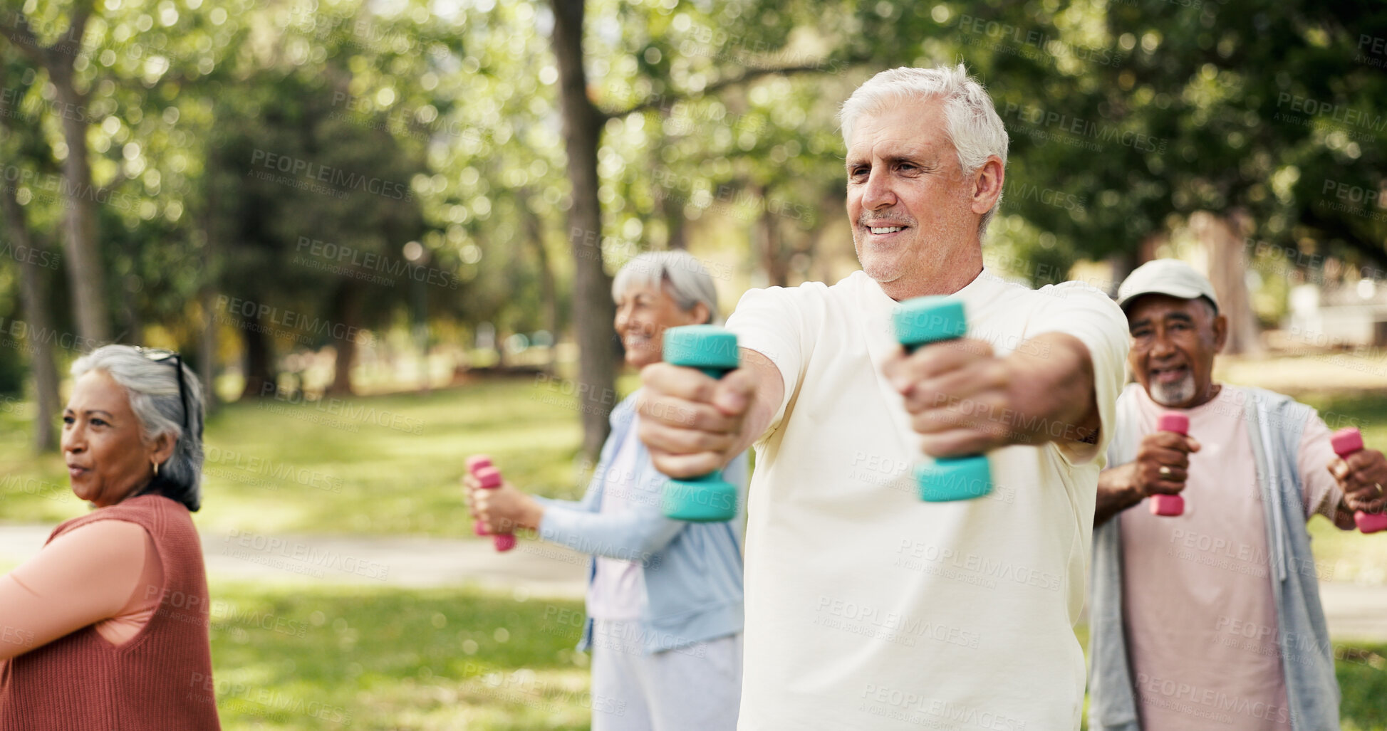 Buy stock photo Man, dumbbells and old people in park with exercise, class and nature for senior fitness club. Retirement, hobby and weights with elderly group, outdoor or workout together for health and wellness