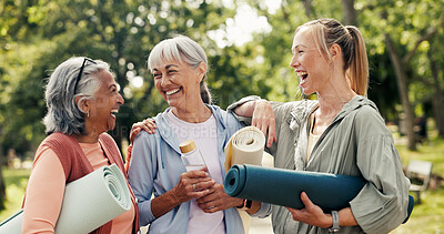 Buy stock photo Instructor, fitness or old people with laugh in park, retirement health or training joke for support. Personal trainer, outdoor exercise or senior women with smile for humor, wellness or workout