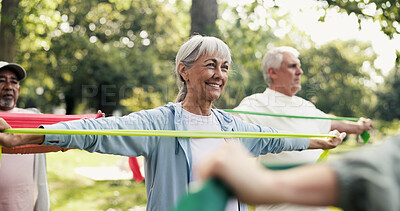 Buy stock photo Fitness, resistance band and class with old woman in park for learning, mobility exercise and health club. Muscle warm up and wellness with senior people for low impact workout and instructor