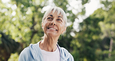 Buy stock photo Fitness, smile or old woman in nature with thinking, fresh air or rest after physical activity. Wellness, bokeh or senior person in forest with mindfulness, daydreaming or break in retirement hobby.