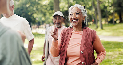 Buy stock photo Woman, smile and old people in park with fitness, class and nature for senior exercise club. Retirement, hobby and personal trainer with mature group, outdoor or workout for health and wellness