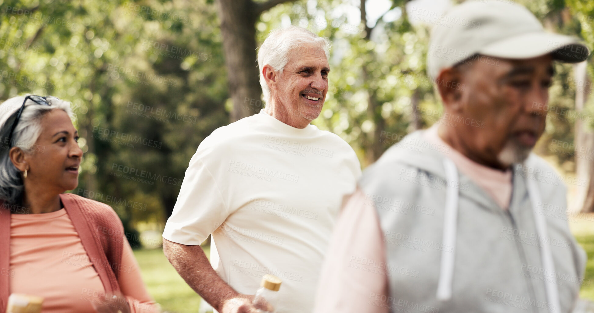 Buy stock photo Smile, fitness and class with old man in park for learning, mobility exercise and health club. Community, wellness and balance with senior people for low impact workout, friends and instructor