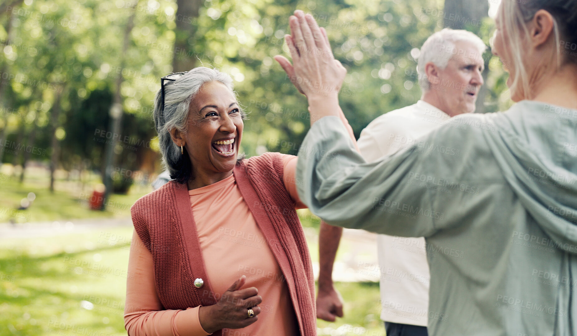 Buy stock photo Instructor, high five and old people in park with exercise, class and nature for support or help. Retirement, hobby and personal trainer with mature group, fitness and celebration for wellness goals