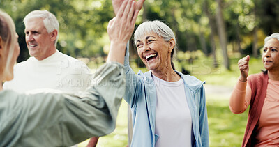 Buy stock photo Instructor, high five and old people in park with fitness, class and nature for support or help. Retirement, hobby and personal trainer with elderly group, celebration or workout for wellness advice