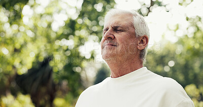 Buy stock photo Fitness, breathe or old man in nature with thinking, fresh air or rest after physical activity. Satisfaction, bokeh or senior person with mindfulness, daydreaming or outdoor break in retirement hobby