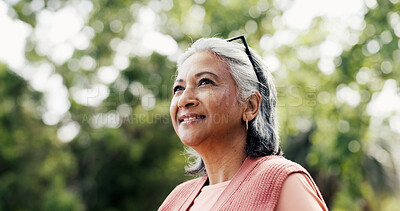 Buy stock photo Thinking, walk or old woman in nature with smile, fresh air or reflection in retirement hobby. Wellness, bokeh or female person in forest with stroll, daydreaming or mindfulness in senior activity.